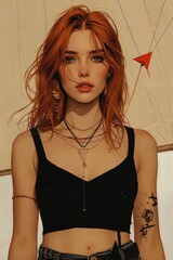 Wall Mural -  A minimal and vintage illustration with bright orange colors, a child in the front flying a kite, portrait, red hair, pale skin, eyes wide, wearing a t-shirt, jeans and sneakers, adventurous style,