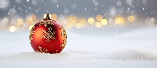 Poster - Red Christmas ball and golden bell baubles on snow, providing a festive display with copy space image.