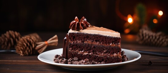 Wall Mural - A slice of rich chocolate cake with creamy brown frosting, a sweet holiday indulgence, sits on a rustic table with a food background and space for copy images.