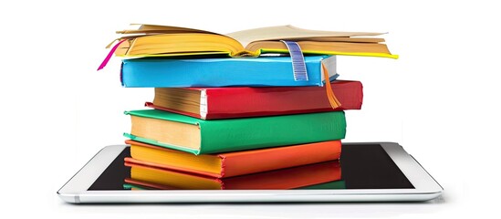 Poster - Tablet computer with books isolated on white. Online library concept. Copy space image. Place for adding text or design