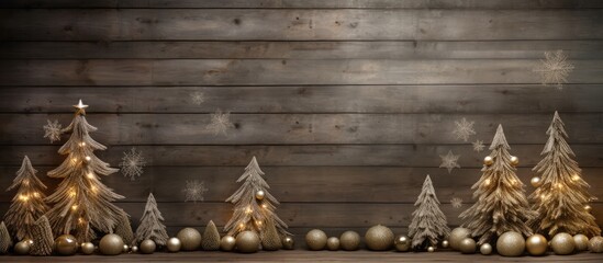 Poster - Festive fir tree embellished with ornaments on a rustic wooden backdrop with copy space image