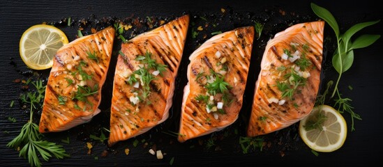 Wall Mural - Top view of grilled salmon fillets on a grill with salt, pepper, and herbs, set against a gray backdrop, featuring copy space image.