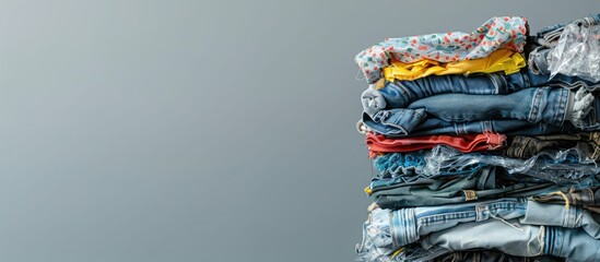 Poster - Stack of trendy modern clothes made from recycled plastic. Eco products and zero waste concept. Copy space image. Place for adding text or design