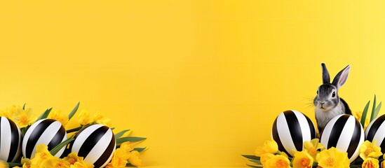 Aufkleber - Trendy Easter-themed greeting card with black, gold-striped eggs, white bunny rabbit decorations, tulip flower on a vibrant yellow backdrop, with space for adding text or images