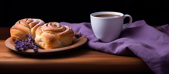 Poster - Coffee cup on a wooden stand beside sweet rolls on a purple napkin. Displayed on a white background with copy space image available.