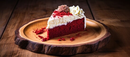 Fototapete - Red velvet cake with white cream on a wooden plate, providing ample space for text or images.