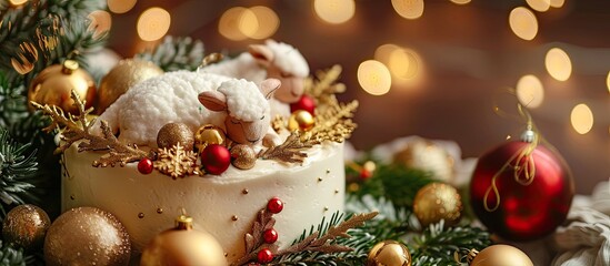 Aufkleber - A holiday-themed Christmas cake decorated with fir branches, golden balls, a sleeping lamb, and a festive New Year's touch with space for additional images.