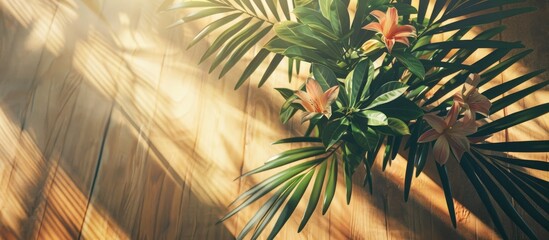 Fototapete - hamedorea flower stand on wooden floor in sunlight with shadow from leaves. Green palm tree branches in daylight. view from above vertical. with copy space image. Place for adding text or design