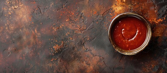 Wall Mural - A ceramic bowl of traditional Georgian adjika sauce on a rustic background with empty space for other elements in the image. with copy space image. Place for adding text or design