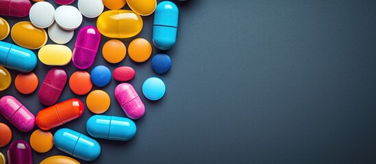 Wall Mural - Colorful pills arranged in a closeup on a gray surface, with ample copy space image.