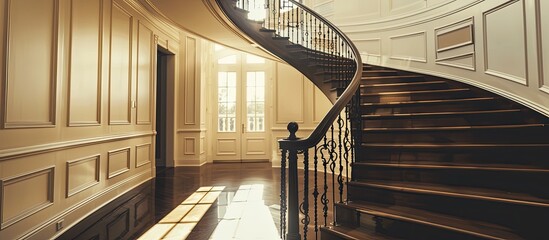Poster - Elegant, curved staircase in an upscale home. with copy space image. Place for adding text or design