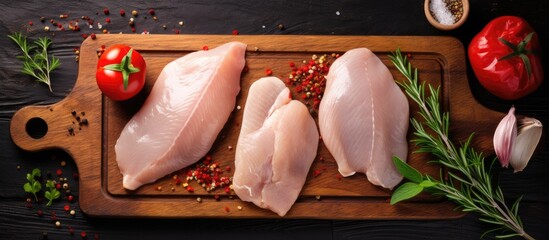 Wall Mural - Fresh raw chicken fillet with herbs and spices on a cutting board creating a food background, displaying cooking ingredients in a top view with copy space image.