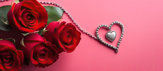 Fototapete - A flat lay with a red rose bouquet, heart-shaped jewelry on a pink background, perfect for a web banner or greeting card for Valentine's Day, Mother's Day, or a birthday, featuring copy space image.