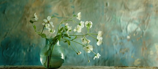 Poster - Still life with Silene vulgaris flowers (bladder campion or maidenstears) in the small glass vase. Selective soft focus and space for your text. with copy space image. Place for adding text or design