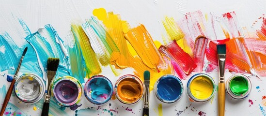 Poster - Colorful gouache paint cans and artist brushes displayed on a white background with copy space image.