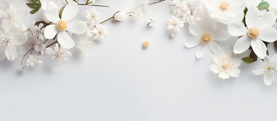 Aufkleber - A creative design featuring white flowers and plants against a blank background for writing purposes. Displayed as a banner with copy space image.