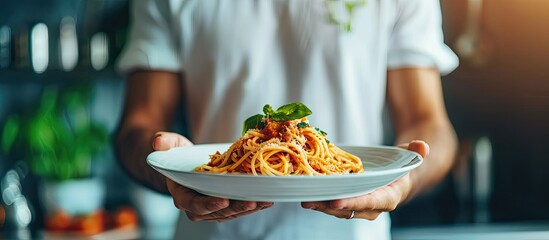 Poster - A young man holds a plate of spaghetti on a white background for an Italian meal concept with copy space image.