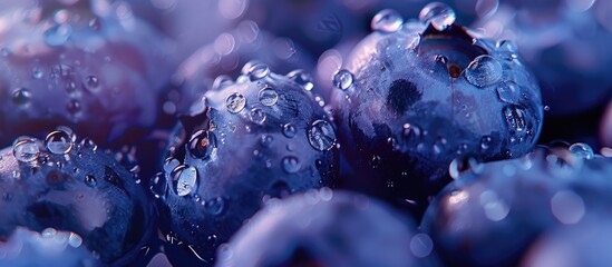 Aufkleber - Close-up of fresh blueberries with water droplets, ideal for vegan and vegetarian themes, providing space for text in the image. with copy space image. Place for adding text or design