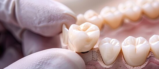 Fototapete - Placing ceramic dental crown on dental implant in the front tooth. Copy space image. Place for adding text or design