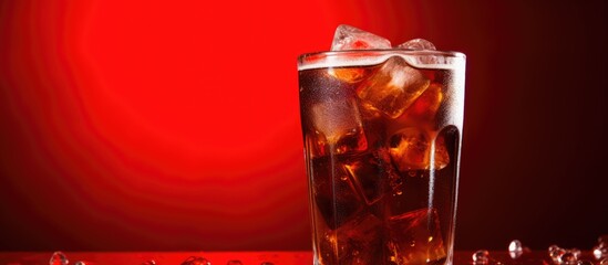 Aufkleber - Brown carbonated drink, fresh cola with ice on a red background for a copy space image.