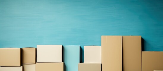 Poster - Copy space image on horizontal background featuring cardboards in shades of blue, green, and beige.
