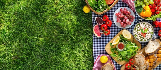Aufkleber - Summertime picnic on the grass with checked tablecloth and healthy food, flat lay banner. Copy space image. Place for adding text or design