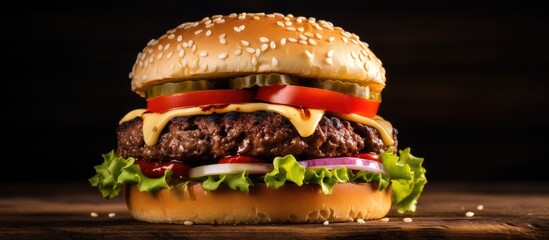 Poster - Close-up photo of a classic homemade cheeseburger with beef and veggies on a wooden surface, ideal for adding text or other elements - copy space image.