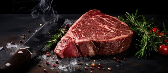 Fototapete - Close-up of raw meat with chef's hatchet on dark background, perfect for a copy space image.