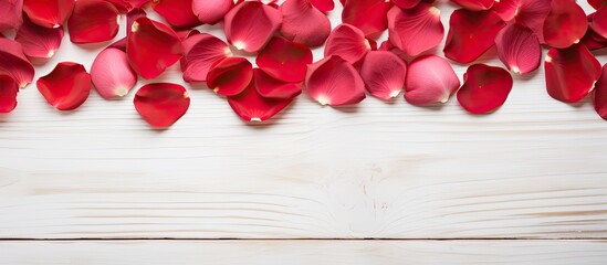 Fototapete - Red rose petals arranged in a frame on a white rustic wooden backdrop, perfect for Valentine's or Mother's Day. Ideal for holidays with a copy space image.