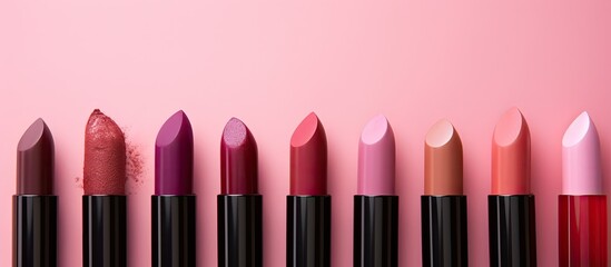 Poster - Close-up of various lipsticks against a pink backdrop with copy space image.