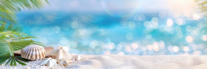 Wall Mural - wooden table top with white sand and palm tree leaves on the beach background with blur blue sea