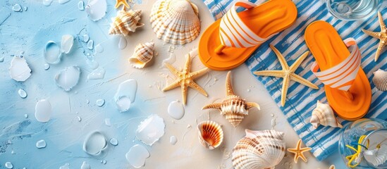 Aufkleber - Summer vacations flat lay with beach accessories. Slippers, sunscreen, seashells over beach towel background Travel, tourism concept. Top view. Copy space image. Place for adding text or design