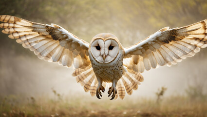 The image shows a barn owl perched on a tree stump in a forest. It is looking directly at the camera with large yellow eyes.

