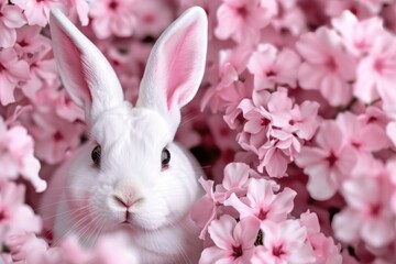 Wall Mural - Adorable white rabbit surrounded by pink flowers