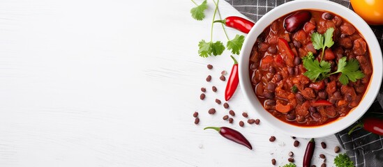 Aufkleber - Top view of chili beans on a white table with copy space image, featuring a homemade stewed vegan recipe incorporating kidney beans and vegetables.