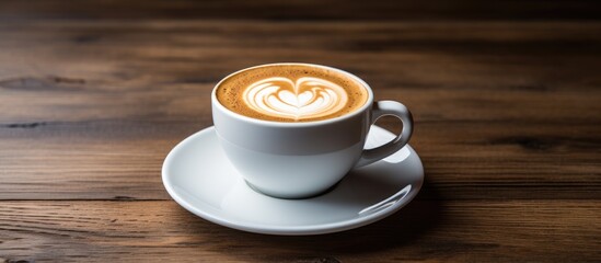 Wall Mural - A white coffee cup filled with latte coffee, set on a wooden surface, providing an area for text or images. with copy space image. Place for adding text or design