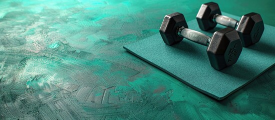 Poster - Fitness concept depicted with dumbbells, a mat, and a green background in the copy space image.