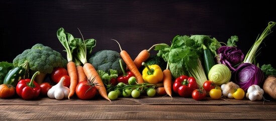 Leinwandbilder - Various vegetables arranged on a rustic wooden surface for a food-themed image with space for text. with copy space image. Place for adding text or design