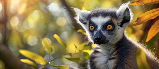 Aufkleber - Blurry backdrop with a charming ring-tailed lemur in a close-up portrait, providing room for text in the image. with copy space image. Place for adding text or design