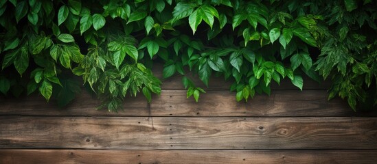 Aufkleber - Wooden background overlaid with lush green leaves - ideal for copy space image.