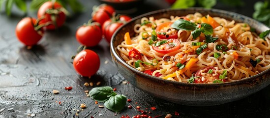 Poster - Close-Up of a Bowl of Asian-Style Noodles with Cherry Tomatoes, Basil, and Peppers