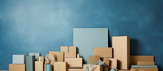 Poster - Copy space image on horizontal background featuring cardboards in shades of blue, green, and beige.