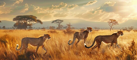 Aufkleber - Wild cheetahs roam freely in the nature reserve with vast landscapes and copy space image available.