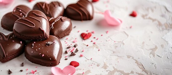 Leinwandbilder - Valentine's Day chocolate heart cookies for a couple, featuring a greeting card element with space for text in the image. with copy space image. Place for adding text or design