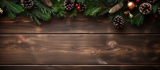 Poster - Festive fir tree embellished with ornaments on a rustic wooden backdrop with copy space image