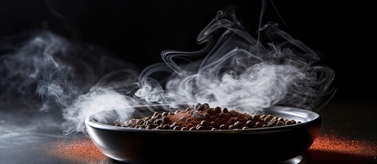 Fototapete - Selective focus on rustic sieve with smoke: Roasted coffee on black backdrop in a visually appealing copy space image.