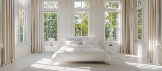 Poster - White master bedroom with windows . with copy space image. Place for adding text or design