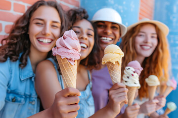 Wall Mural - Three Joyful Friends Enjoying Colorful Ice Cream Cones