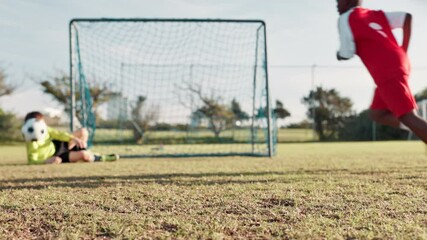 Wall Mural - Kick, soccer player and child in stadium for score, practice and exercise for sport competition. Football field, goalkeeper and boy athlete for training, shooting and motor coordination for game