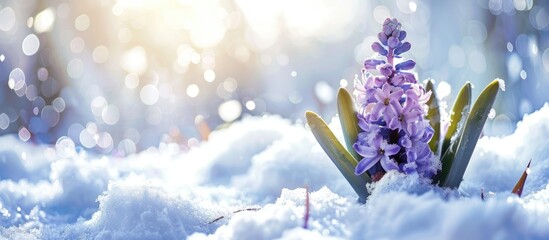 Poster - A panoramic web banner featuring a close-up of a purple hyacinth surrounded by snow, conveying a spring concept with room for text, a copy space image.